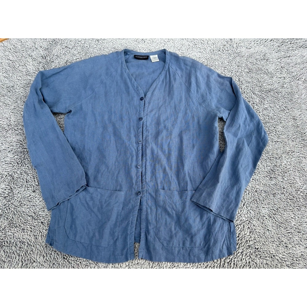 J Peterman Company Shirt Women's Small Blue Linen Button Front Pockets V Neck